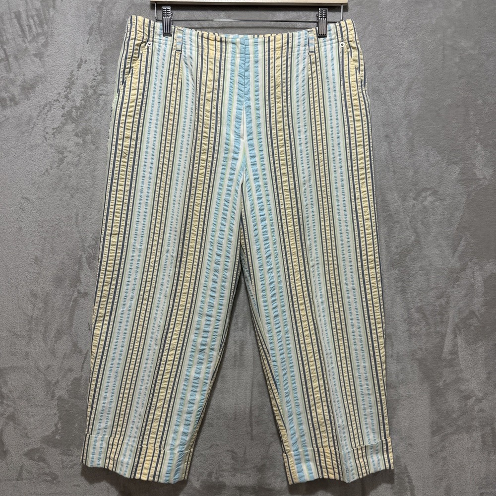 Talbots Petites Womens Capri Pants Sz 14 Multicolor Stripes Seersucker‎ Cuff Hem